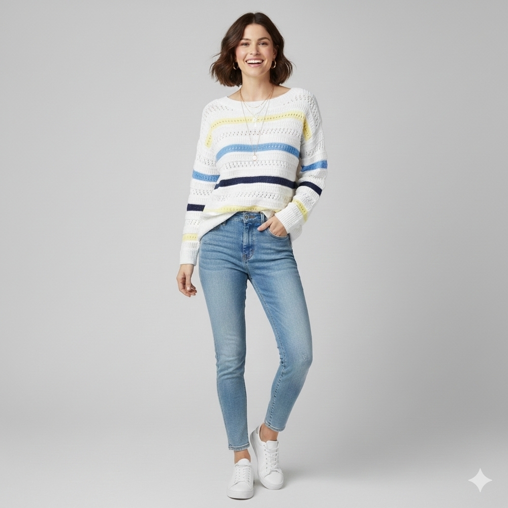 Northern Reflections White Spring Sweater with Blue and Yellow Stripes - Medium